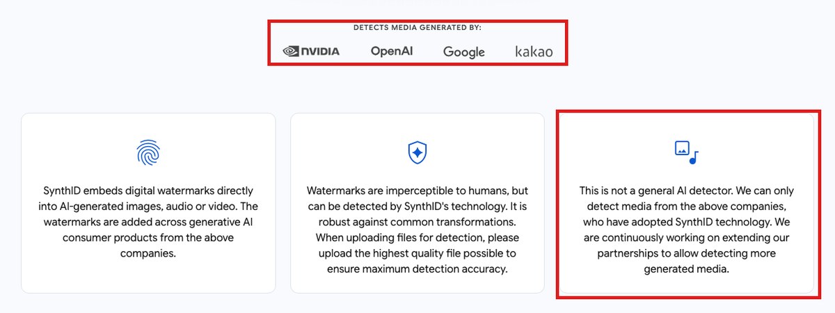 AI生成の画像を判定するSynthID Detectorの画面。NVIDIA・OpenAI・Google・Kakaoの4社のロゴと、汎用のAI判定ツールではないと書いた説明を赤枠で囲んだ