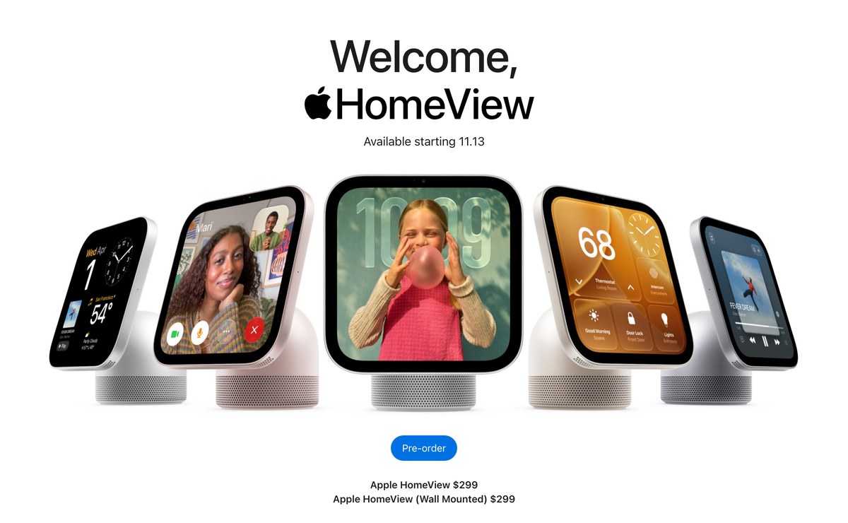 Apple HomeViewの英語の製品ページの画面。7インチの正方形の画面のスマートディスプレイが5台並び、Pre-orderのボタンと卓上型・壁掛け型とも299ドルの表示がある
