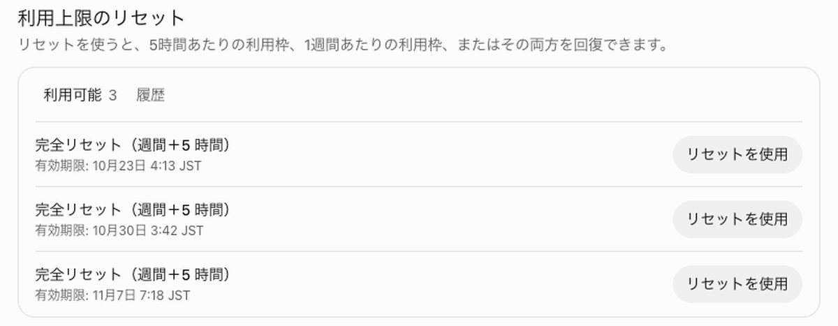 ChatGPTの使用状況の画面にある利用上限のリセットの欄。利用可能3で、完全リセット（週間＋5時間）が有効期限10月23日・10月30日・11月7日の3件並び、それぞれにリセットを使用のボタンがある