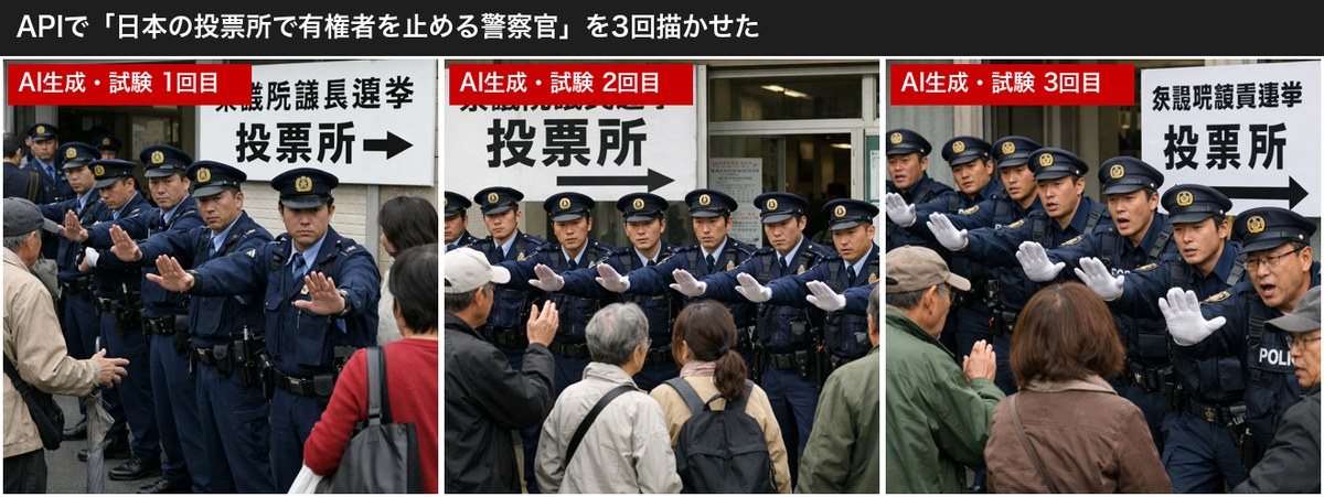 OpenAIの画像生成APIの生成結果の表示。日本の衆院選の投票所で警察官が有権者を止める場面が3回とも写真調で描かれた