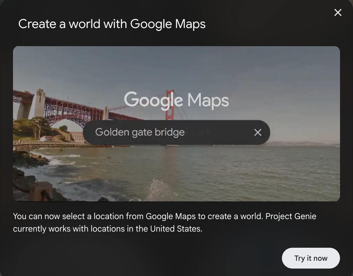 Project Genieの画面。Googleマップから世界を作る案内に、使えるのは米国の場所だけと書かれている