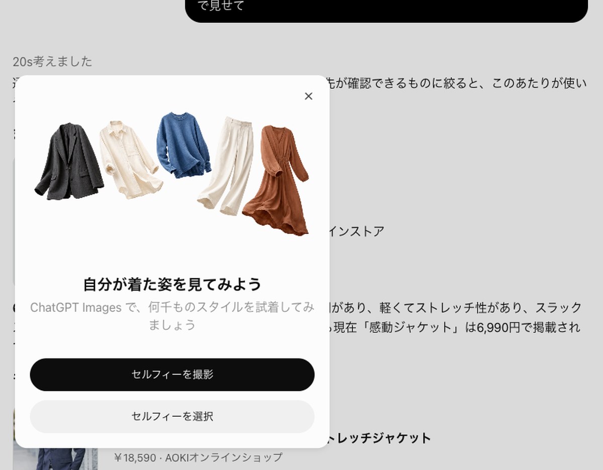 ChatGPTの試着の画面。「自分が着た姿を見てみよう」の下に、セルフィーを撮影とセルフィーを選択の2つのボタンが並ぶ