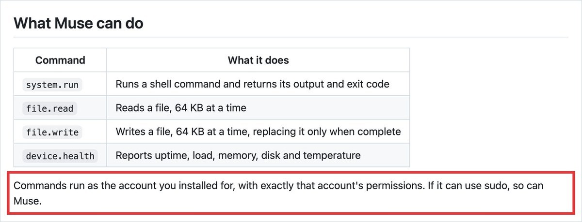 GitHubのLinux Device SDKのREADMEの画面。system.runなど4つの命令の表と、sudoが使えるならMuseも使えるという段落を赤枠で囲んだ
