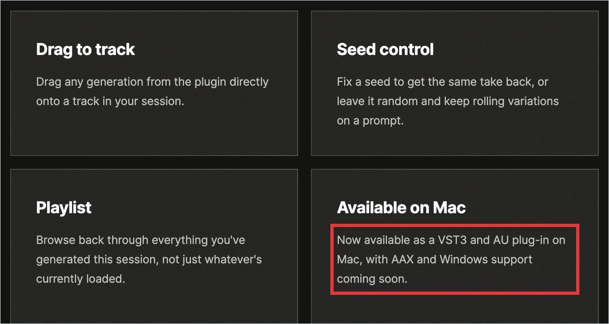 Stable Audioのプラグインの公式ページの画面。Available on Macの欄にMac向けのVST3とAUは公開中でAAXとWindowsは近日公開と書かれている。その文を赤枠で囲んだ
