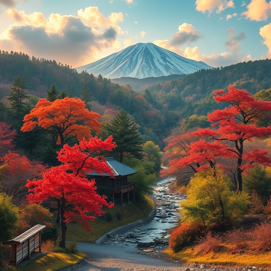 Picsartに「美しい日本の風景」と指示して作った、雪をかぶった山と紅葉した木々と小屋が描かれたAI生成の画像