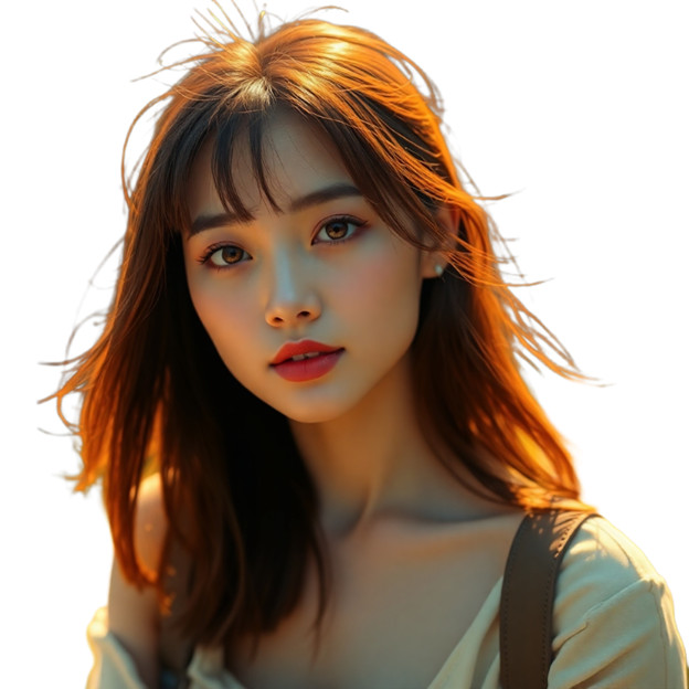 Picsartの背景除去で人物以外を白く切り抜いた、オレンジがかった長い髪の女性がこちらを見ている写真