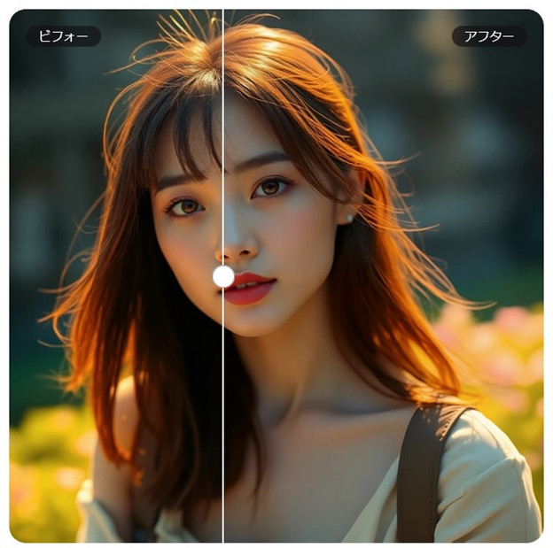 Picsartで加工した女性の写真を中央の線で左右に分け、左に「ビフォー」右に「アフター」と表示して比べた画像