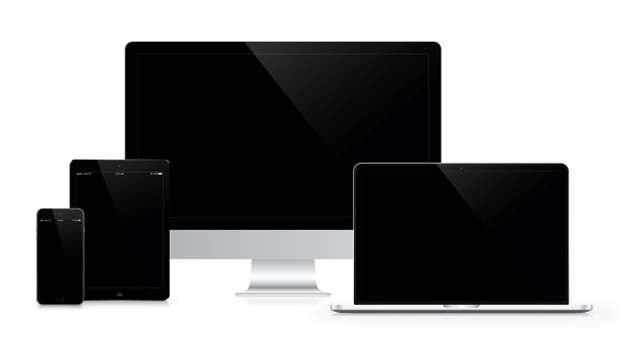 デスクトップパソコンとノートパソコンとタブレットとスマートフォンが白い背景に並んだ、Picsartを使える機器の画像