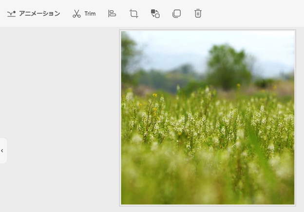 Picsartの動画編集のツールバーに「アニメーション」と「Trim」が並び、下に緑の草原の映像が出た画面