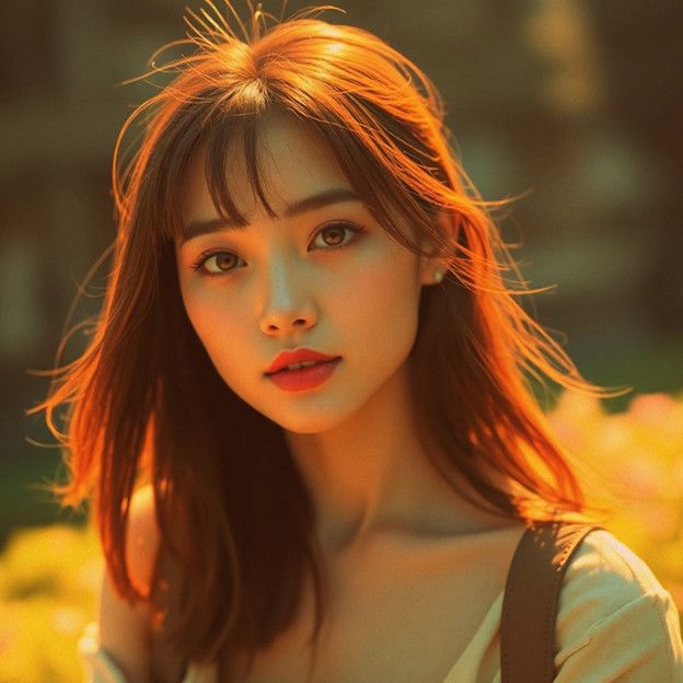 Picsartで加工して全体を暖色の色味にした、オレンジがかった長い髪の女性の写真