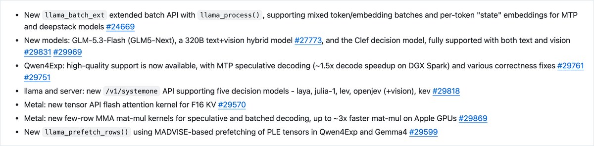 GitHubのllama.cpp v0.6.0公開ページの画面。GLM-5.3-Flashへの対応とMetalの行列演算が約3倍速くなる変更が並ぶ