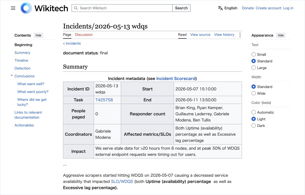 Wikimedia財団の技術サイトの障害報告の画面。ピーク時に外部からの問い合わせの50%が時間切れになったと書かれている