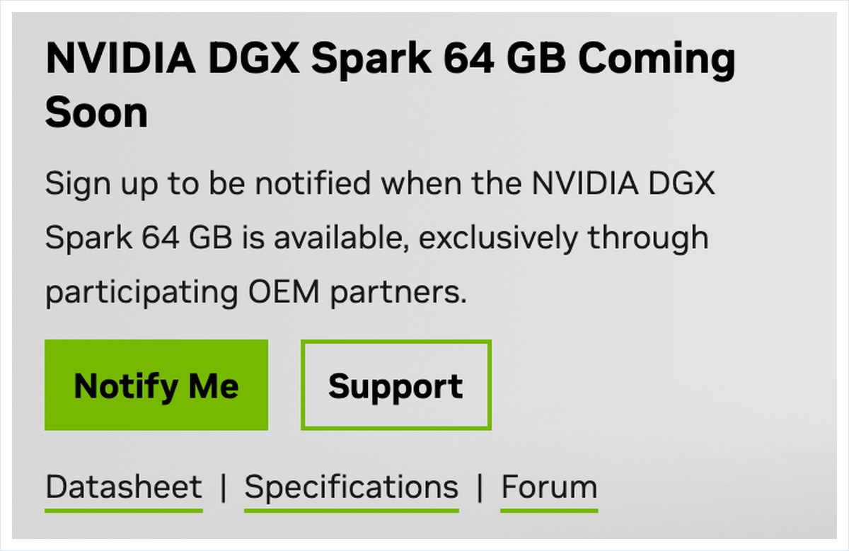 NVIDIA DGX Sparkの公式製品ページ。64GB版はComing Soonで、OEMパートナー経由だけで売ると書かれNotify Meのボタンがある