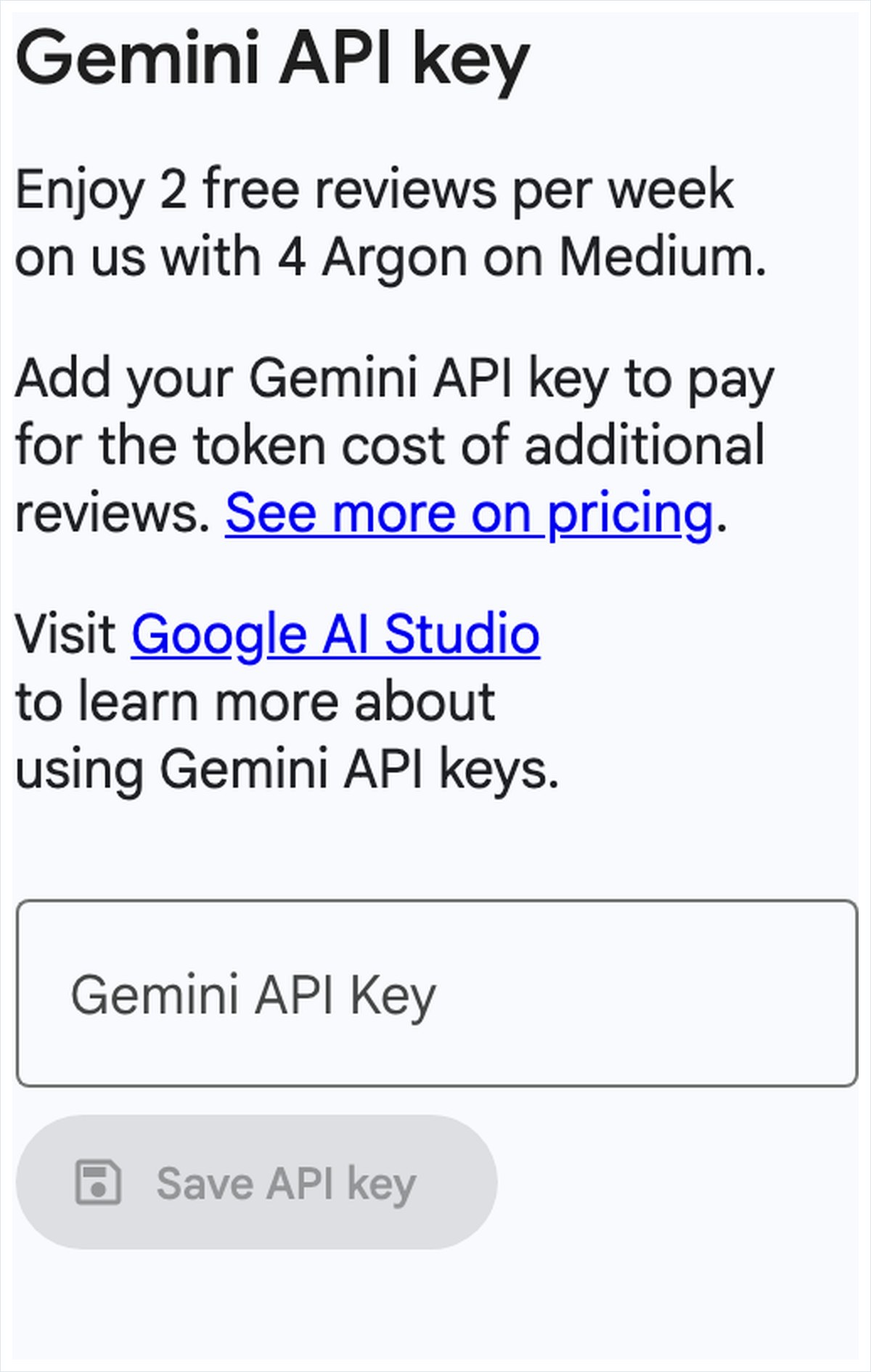Deep Reviewの料金の画面。無料は週2回で4 Argon on Medium、追加はGemini APIキーを入れて払うと書かれている