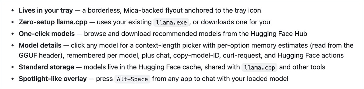 llama.cppのWindowsアプリLlama WindowsのGitHubの説明。タスクトレイに常駐し、Hugging Faceのモデルをワンクリックで落とし、Alt+Spaceでチャットできると書かれている
