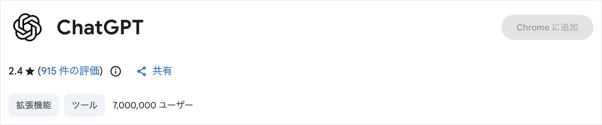 ChatGPT Chrome拡張機能のChromeウェブストアの画面。評価2.4（915件の評価）と7,000,000ユーザーの表示