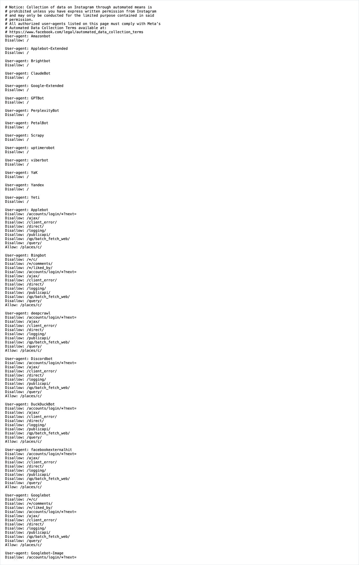 Instagramのrobots.txtの画面。ClaudeBotとGPTBotとPerplexityBotにDisallowの全ページ指定が並んでいる