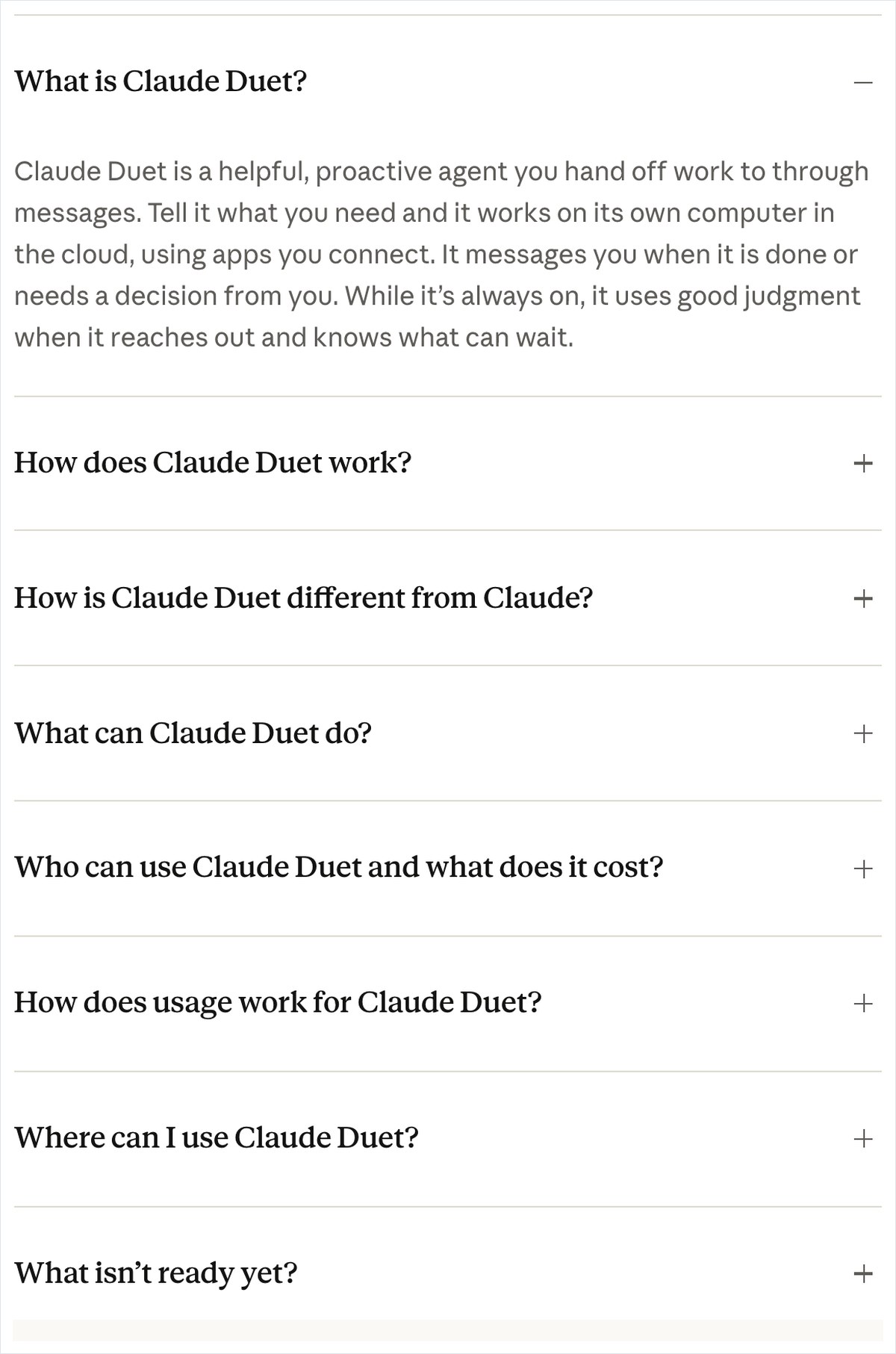 Claude Duetの公式ページのよくある質問の画面。米国のClaude ProとMaxの契約者が順番待ちで使え、TeamとEnterpriseはまだ含まれないと書かれている