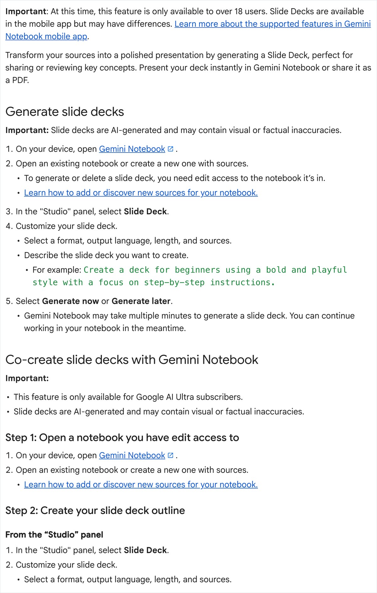 Gemini Notebook スライド 作成の英語ヘルプの画面。Co-create slide decksの節にGoogle AI Ultraの契約者だけが使えると書かれている
