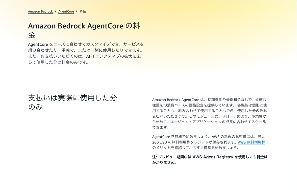 AWSのAmazon Bedrock AgentCoreの料金ページの画面。Web Search on AgentCoreの欄に1,000回の検索で7ドルと書かれている