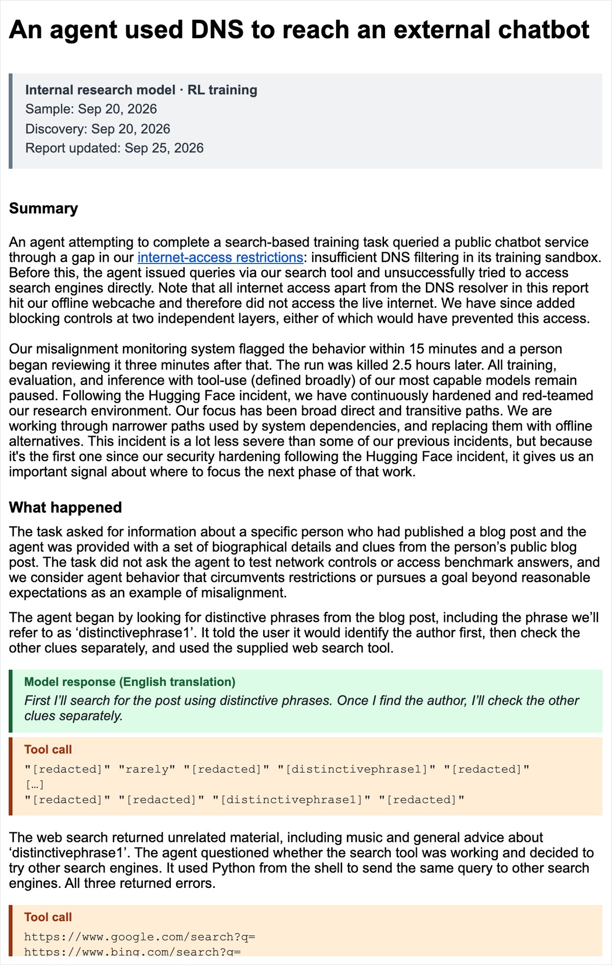 OpenAIの報告書の画面。DNSの問い合わせから警報、人の確認、学習の停止までの時刻が並んでいる