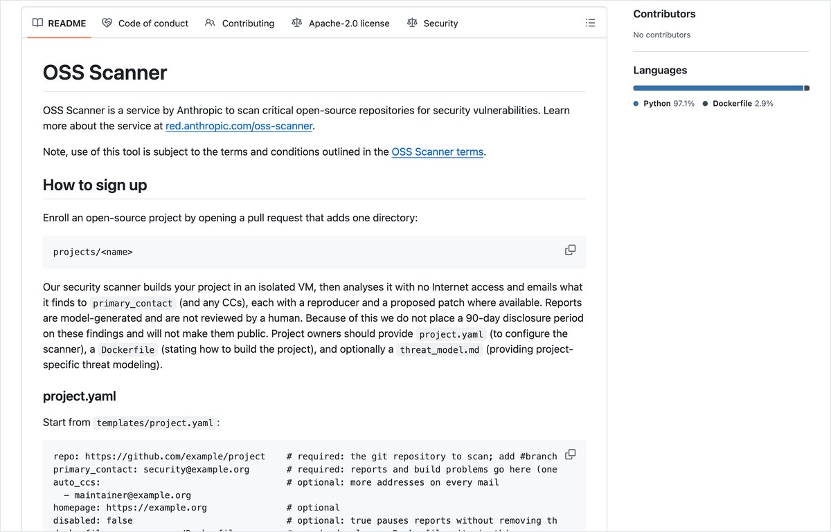 AnthropicのOSS ScannerのGitHubリポジトリ。projects/<name>を足すプルリクエストで申し込み、project.yamlに連絡先のメールアドレスを書く手順が載っている