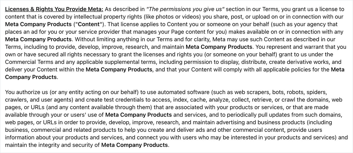 Meta商用利用規約の英語版の条文。サイトの中身を使う目的が広告とビジネス製品の提供と維持に書き換えられている