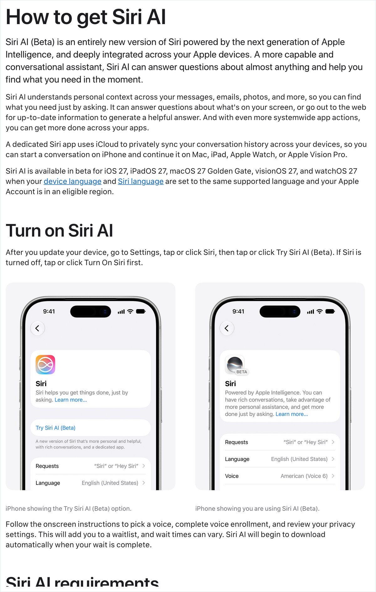 AppleサポートのSiri AI導入案内のページ。設定からSiriを開きSiri AIのベータ版を試す手順が英語で書かれている