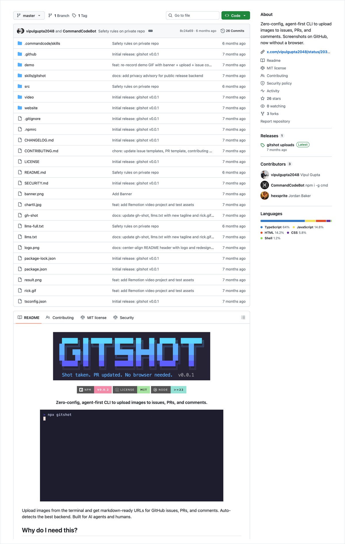 GitShotの公式リポジトリの説明書の画面。Privacy noticeの欄に、gitshot-imagesのリポジトリは既定で公開として作られ、社内のダッシュボードなどは上げないようにと書かれている