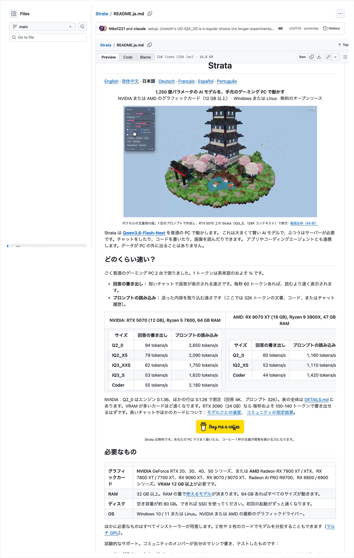 StrataのGitHub日本語README。グラフィックカード・RAM・ディスク・OSの必要条件が並ぶ表