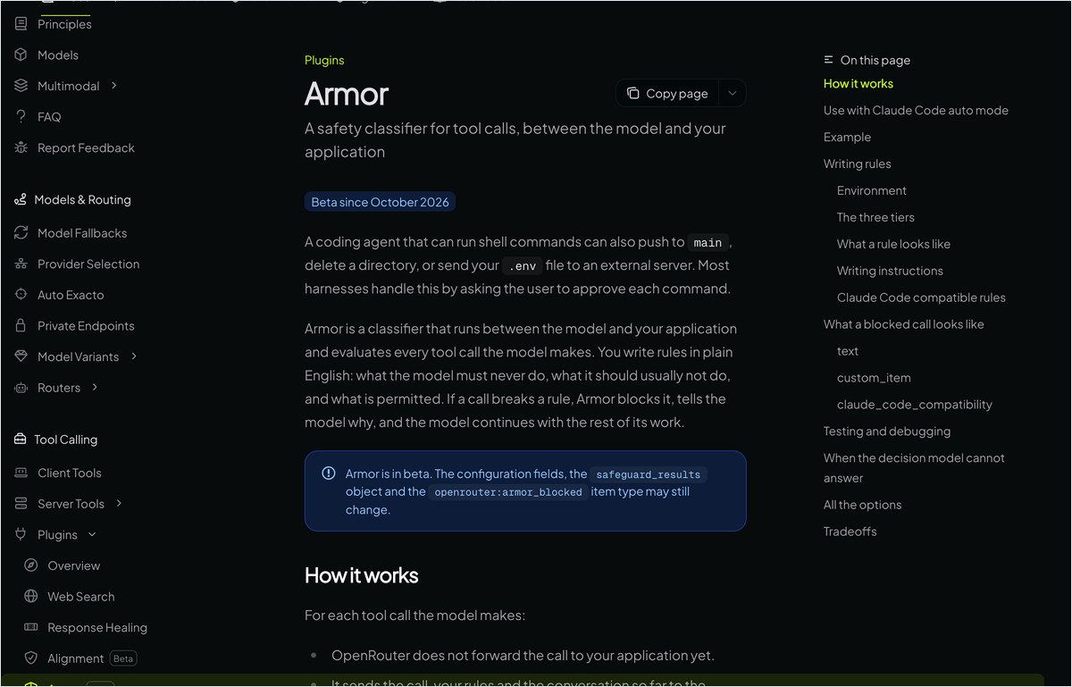 OpenRouter Armorの公式ガイドの画面。HIPAAやZero Data Retention、地域指定の要求ではArmorに対応せず403になるという説明