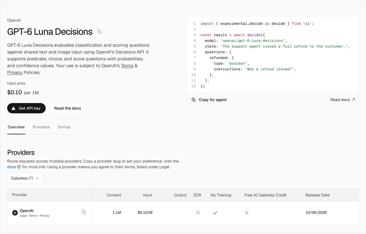 Vercel AI GatewayのGPT-6 Luna Decisionsの料金ページの画面。入力100万トークン0.10ドルで、ZDRと無料クレジットの欄が×になっている