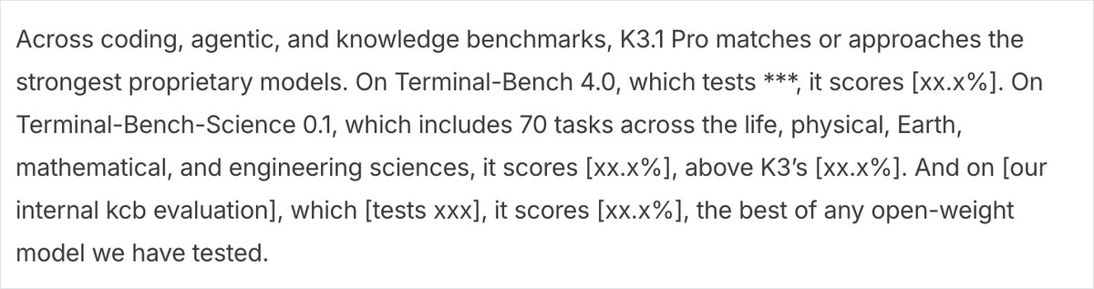 Kimi K3.1 Pro の API 説明書の画面。Terminal-Bench 4.0 の点数の欄が [xx.x%] という仮の文字のまま表示されている
