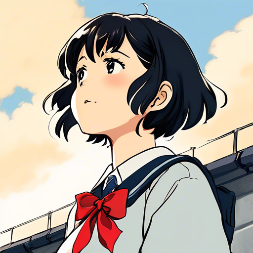 Stable Diffusionで作った、黒髪の少女が赤いリボンの制服姿で手すりのそばから空を見上げるアニメ風の画像
