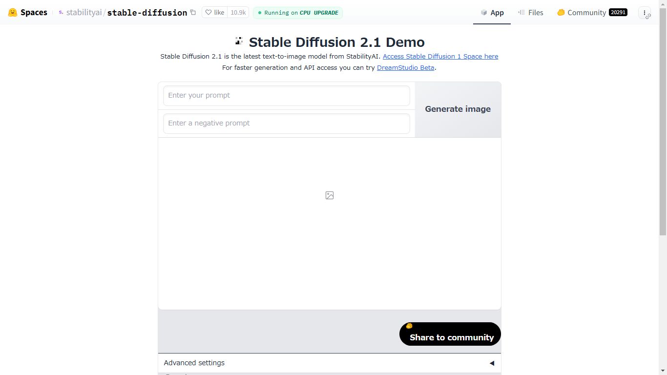 Hugging FaceのStable Diffusion 2.1 Demoで入力欄と「Generate image」ボタンが並ぶ、何も入力していない画面