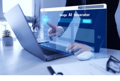 ノートパソコンの上に「Image AI Generator」と書かれた半透明の画面が浮かび、人物が指で触れているイメージ写真