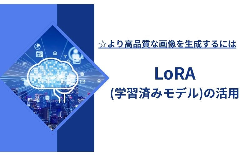 「より高品質な画像を生成するには」の下に「LoRA(学習済みモデル)の活用」の文字が、光る脳の画像の横に入った見出し画像