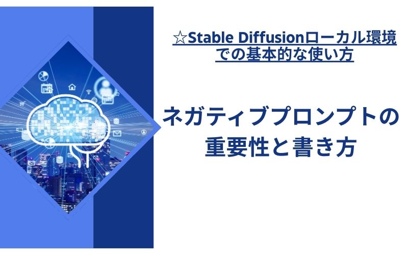 「ネガティブプロンプトの重要性と書き方」の文字が、光る脳とデジタルのアイコンの画像の横に入った見出し画像