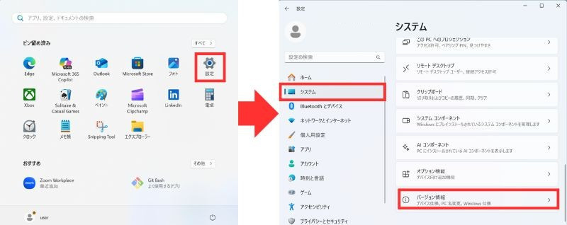 Windowsのスタートメニューの「設定」から、設定の「システム」と「バージョン情報」へ進む手順を赤枠と矢印で示した画面