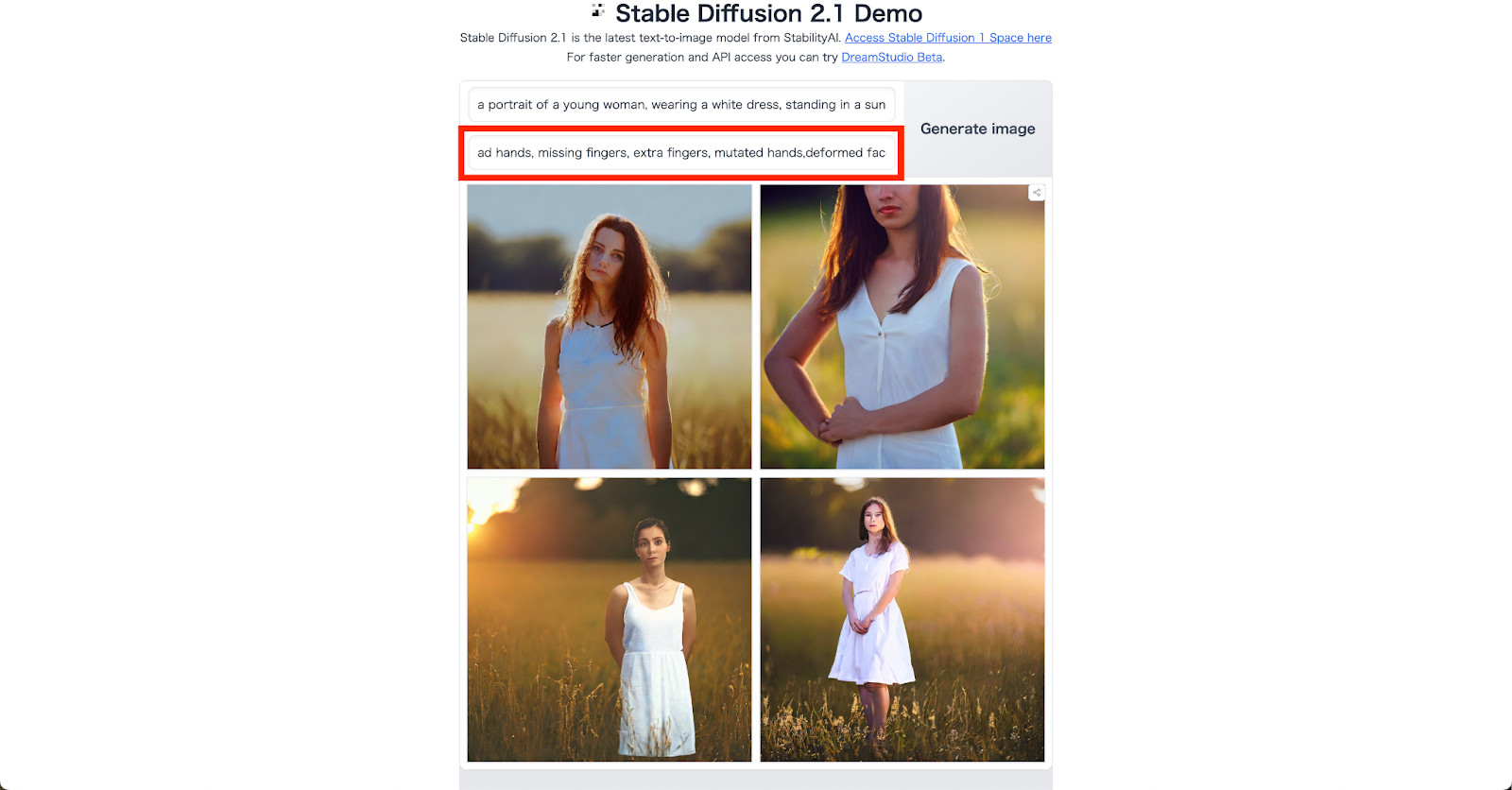 Stable Diffusion 2.1 Demoで赤枠のネガティブプロンプト欄に「missing fingers」などを入れ、女性の画像が4枚できた画面