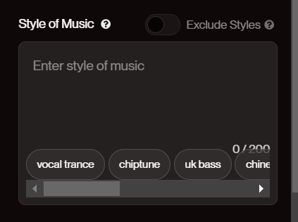 Suno AIでStyle of Musicの入力欄の下にvocal tranceやchiptuneなどのジャンルのボタンが並んだ画面