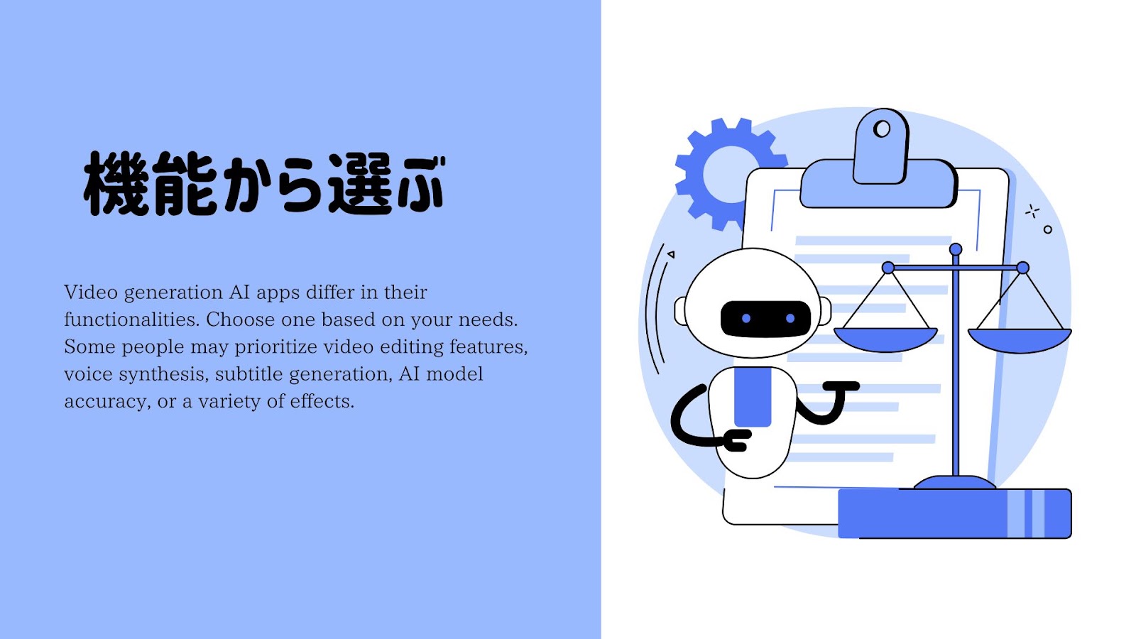 動画生成AIアプリを機能から選ぶときの見かたを示した図