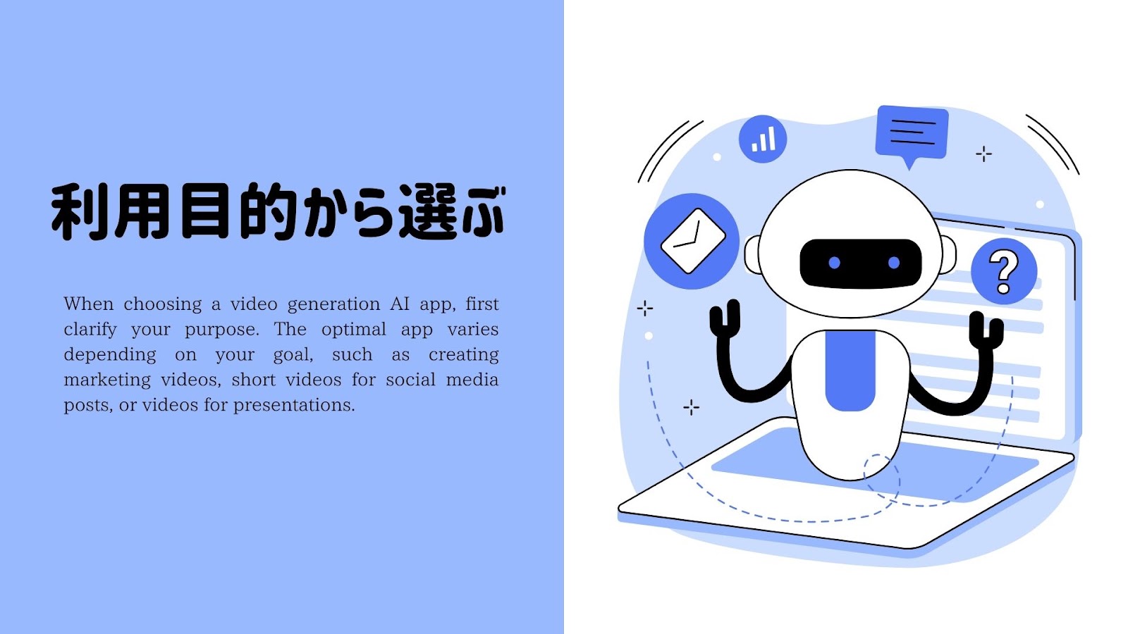 動画生成AIアプリを利用目的から選ぶときの見かたを示した図